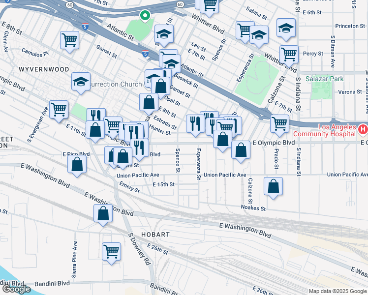 map of restaurants, bars, coffee shops, grocery stores, and more near 3458 East Olympic Boulevard in Los Angeles