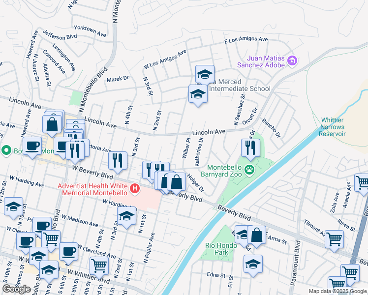 map of restaurants, bars, coffee shops, grocery stores, and more near 637 Wilber Place in Montebello