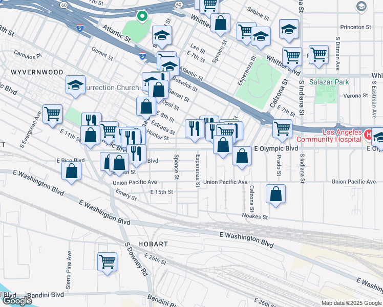 map of restaurants, bars, coffee shops, grocery stores, and more near 3534 East Olympic Boulevard in Los Angeles