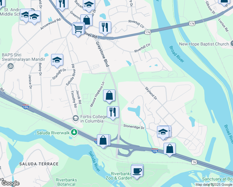 map of restaurants, bars, coffee shops, grocery stores, and more near Greystone Blvd in Columbia