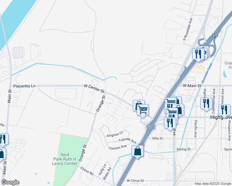 map of restaurants, bars, coffee shops, grocery stores, and more near 281 Versailles Place in Riverside