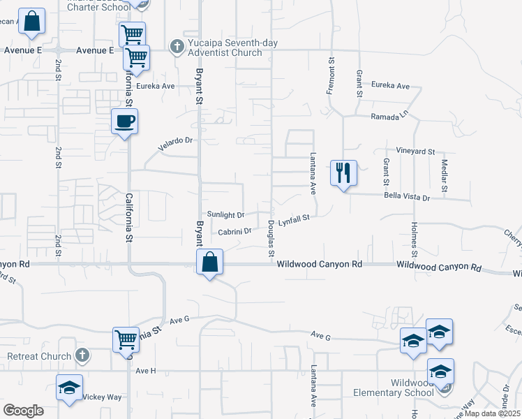 map of restaurants, bars, coffee shops, grocery stores, and more near 12951 Cascade Street in Yucaipa