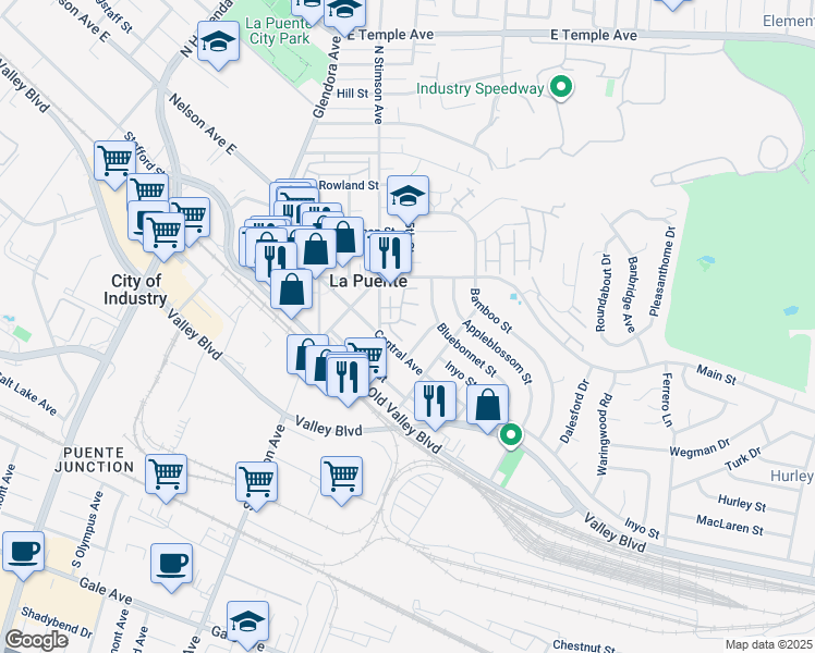 map of restaurants, bars, coffee shops, grocery stores, and more near 162 Greenbriar Lane in La Puente