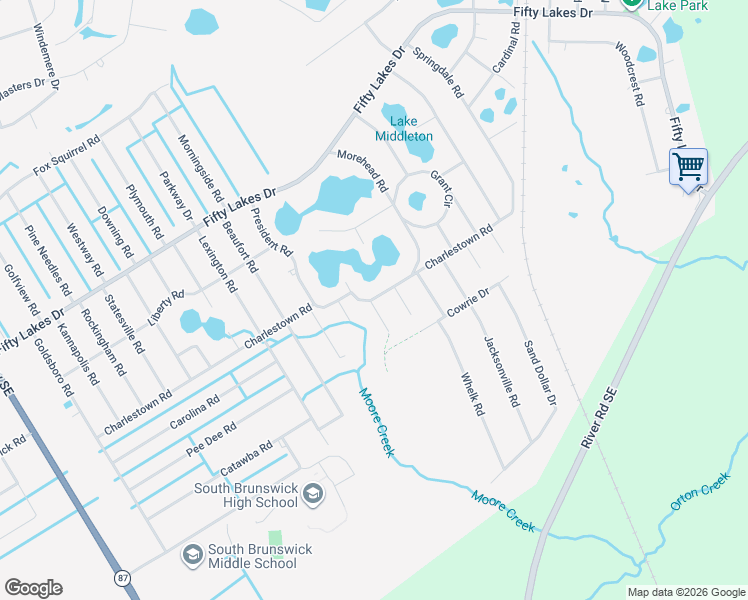 map of restaurants, bars, coffee shops, grocery stores, and more near 530 Charlestown Road in Boiling Spring Lakes