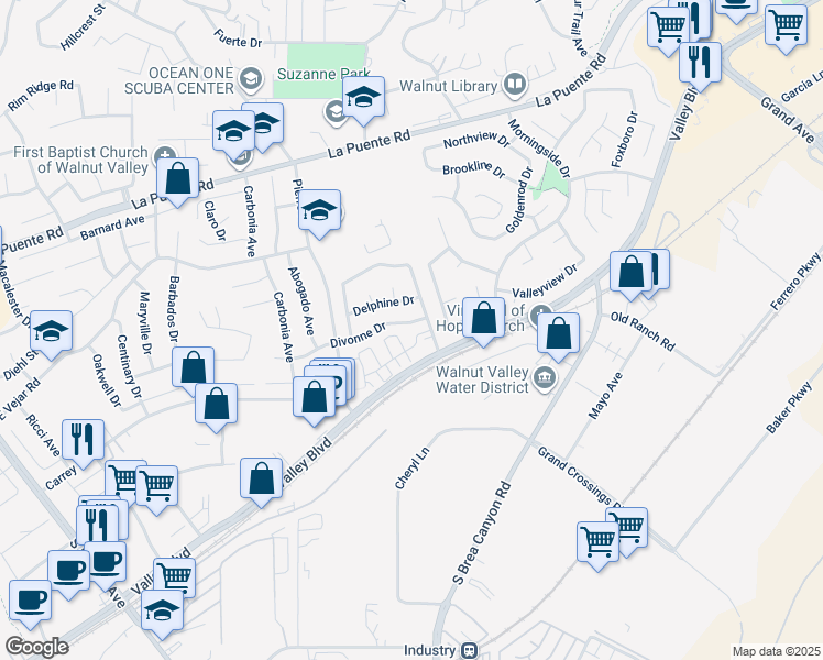 map of restaurants, bars, coffee shops, grocery stores, and more near 20982 Divonne Drive in Walnut