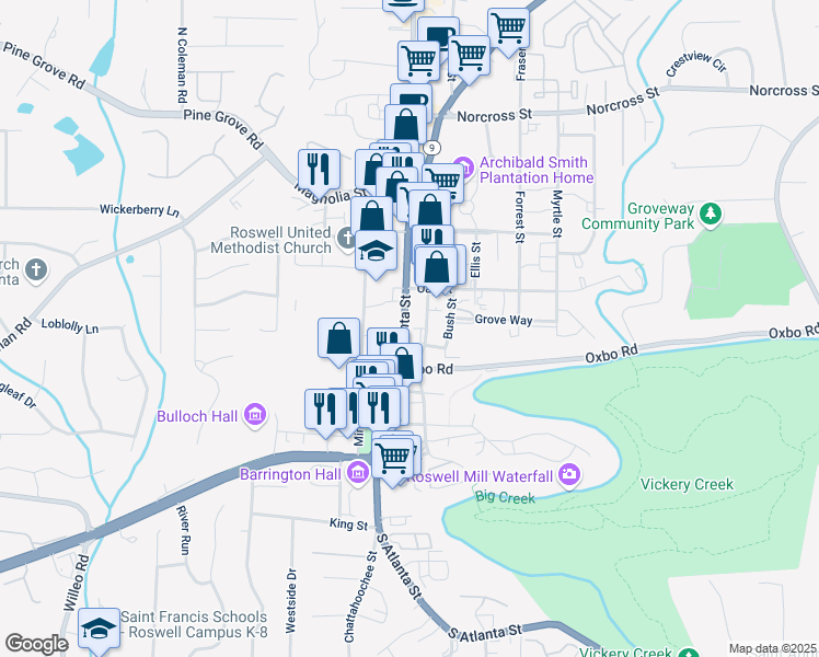 map of restaurants, bars, coffee shops, grocery stores, and more near 701 North Atlanta Street in Roswell