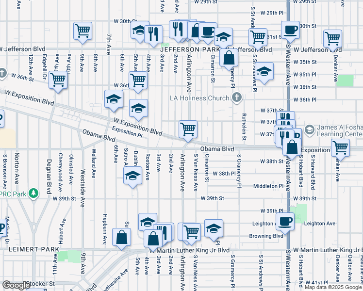 map of restaurants, bars, coffee shops, grocery stores, and more near 3783 Arlington Avenue in Los Angeles