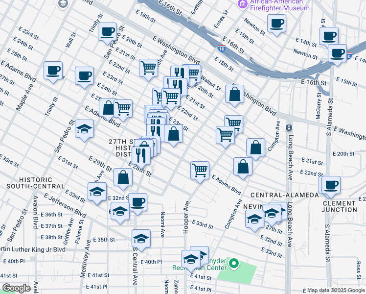 map of restaurants, bars, coffee shops, grocery stores, and more near 1172 East 25th Street in Los Angeles