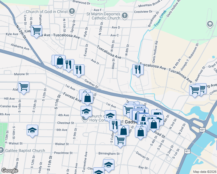 map of restaurants, bars, coffee shops, grocery stores, and more near 827 Jones Street in Gadsden