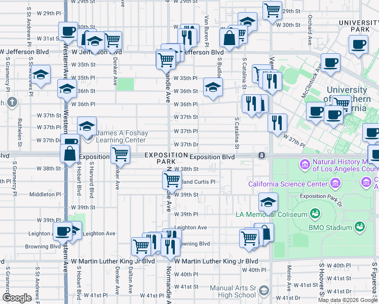 map of restaurants, bars, coffee shops, grocery stores, and more near 1251 West Exposition Boulevard in Los Angeles