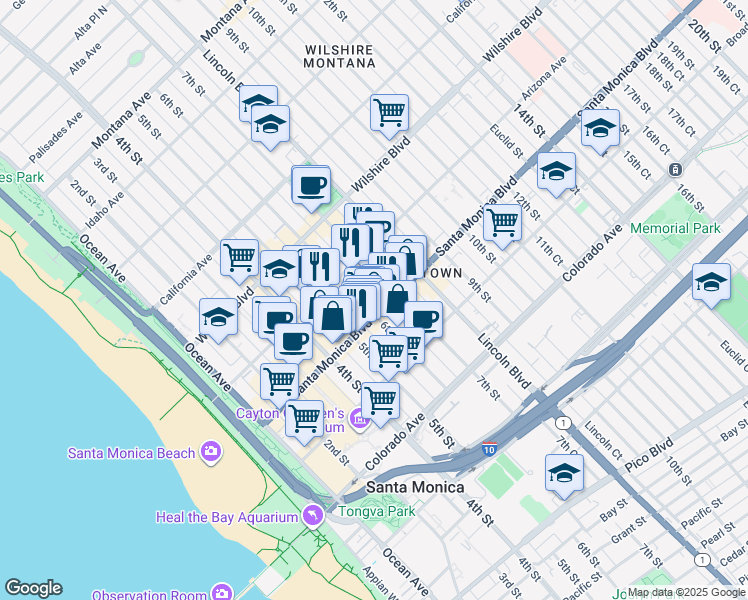 map of restaurants, bars, coffee shops, grocery stores, and more near 601 Santa Monica Boulevard in Santa Monica