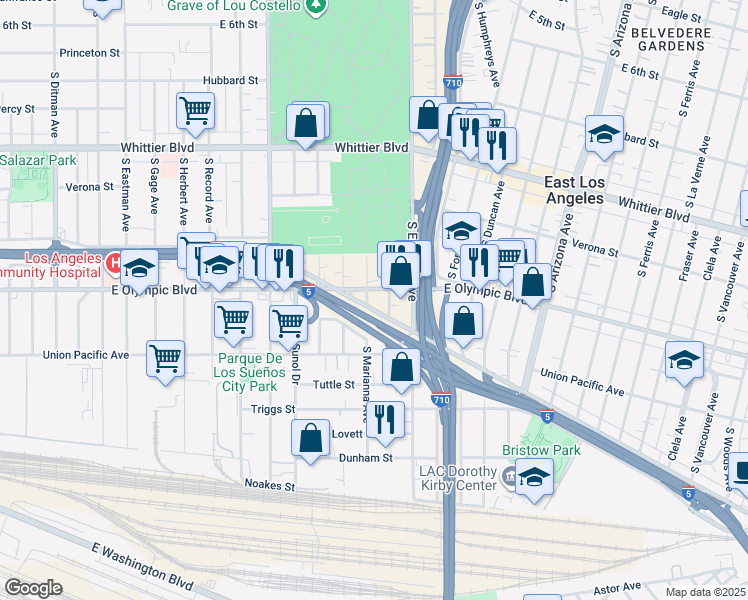 map of restaurants, bars, coffee shops, grocery stores, and more near 1201-1237 South Marianna Avenue in Los Angeles