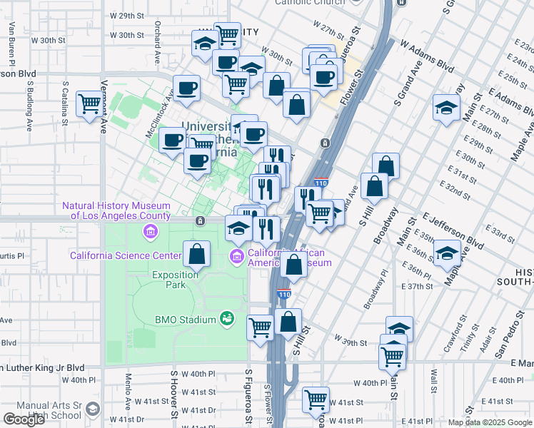 map of restaurants, bars, coffee shops, grocery stores, and more near 2 West Exposition Boulevard in Los Angeles