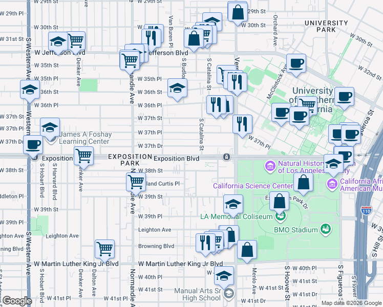 map of restaurants, bars, coffee shops, grocery stores, and more near 1121 West Exposition Boulevard in Los Angeles