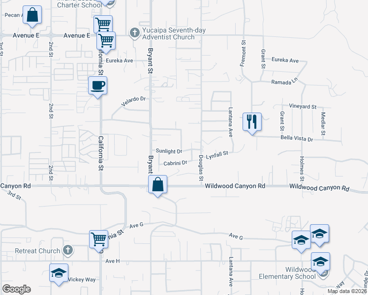 map of restaurants, bars, coffee shops, grocery stores, and more near 35428 Sunlight Drive in Yucaipa