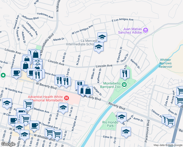 map of restaurants, bars, coffee shops, grocery stores, and more near 640 Poplar Avenue in Montebello