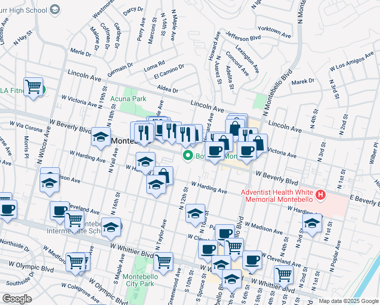 map of restaurants, bars, coffee shops, grocery stores, and more near 1212 West Beverly Boulevard in Montebello