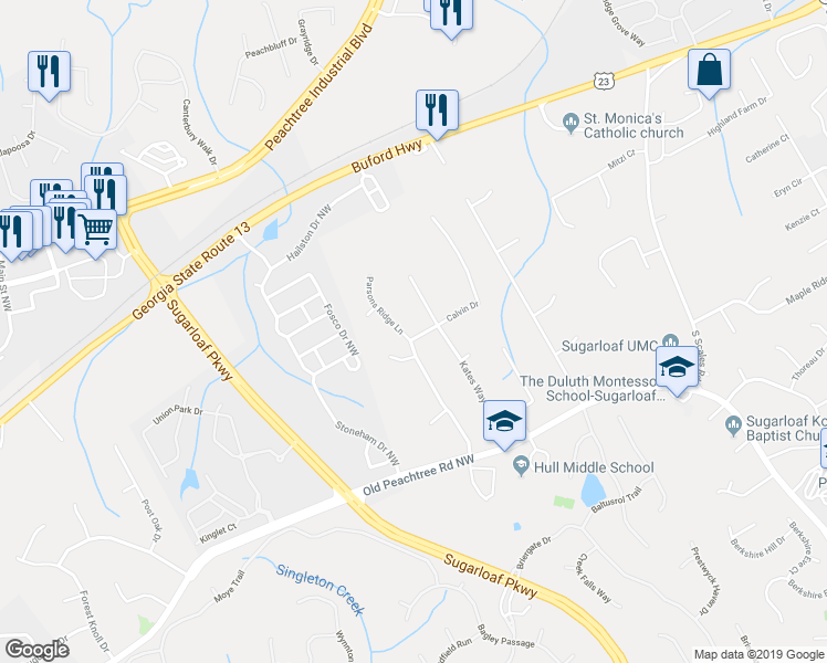 map of restaurants, bars, coffee shops, grocery stores, and more near 1991 Calvin Drive in Duluth