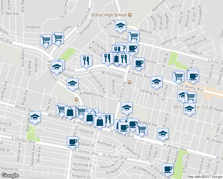 map of restaurants, bars, coffee shops, grocery stores, and more near 325 Morris Place in Montebello