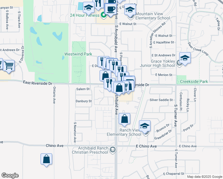 map of restaurants, bars, coffee shops, grocery stores, and more near 3000 South Archibald Avenue in Ontario