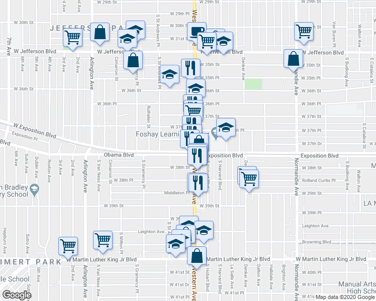 map of restaurants, bars, coffee shops, grocery stores, and more near 1615 West Exposition Boulevard in Los Angeles