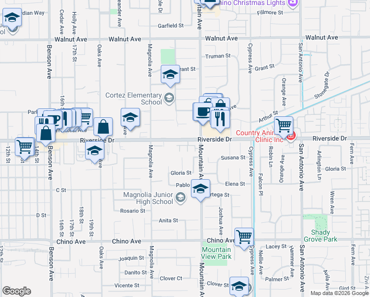 map of restaurants, bars, coffee shops, grocery stores, and more near 12930 Canary Court in Chino