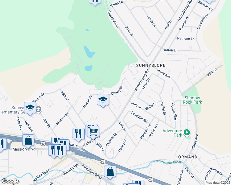 map of restaurants, bars, coffee shops, grocery stores, and more near Quarry Drive in Jurupa Valley