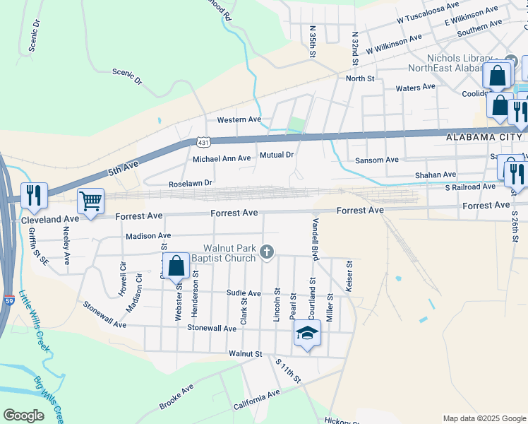 map of restaurants, bars, coffee shops, grocery stores, and more near 3298 Forrest Avenue in Gadsden