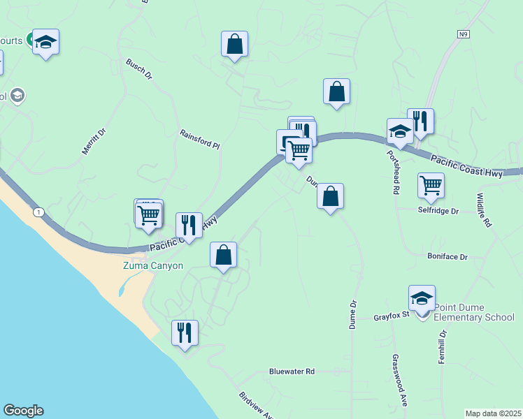map of restaurants, bars, coffee shops, grocery stores, and more near 29345 Heathercliff Road in Malibu
