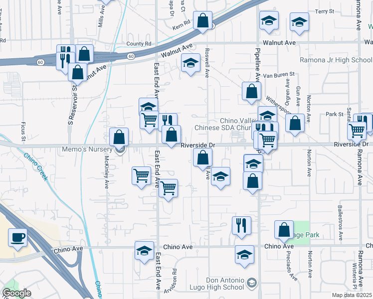 map of restaurants, bars, coffee shops, grocery stores, and more near 12920 Cozzens Avenue in Chino