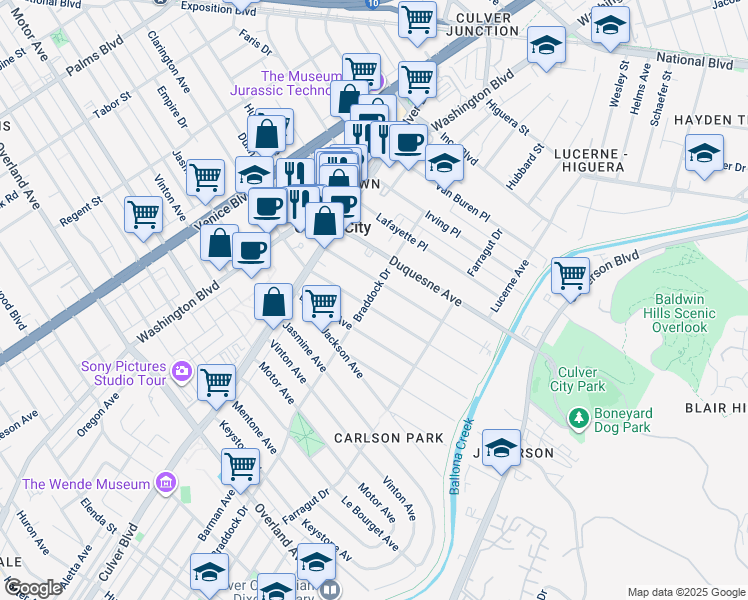 map of restaurants, bars, coffee shops, grocery stores, and more near 4104 Madison Avenue in Culver City