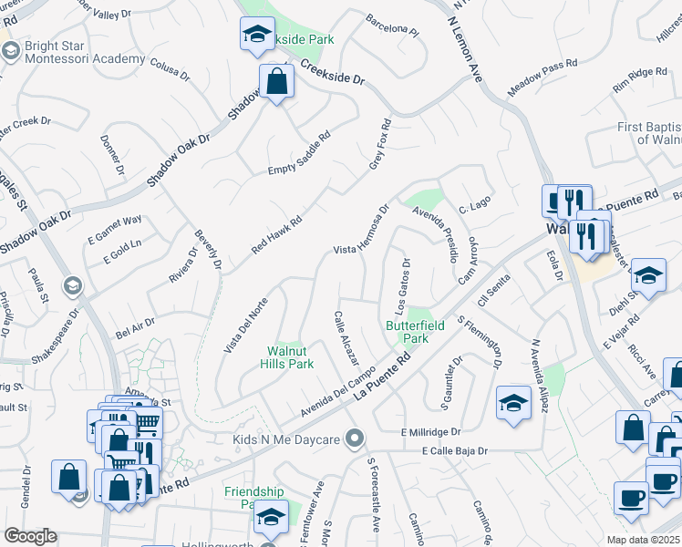 map of restaurants, bars, coffee shops, grocery stores, and more near 438 Calle Alcazar in Walnut