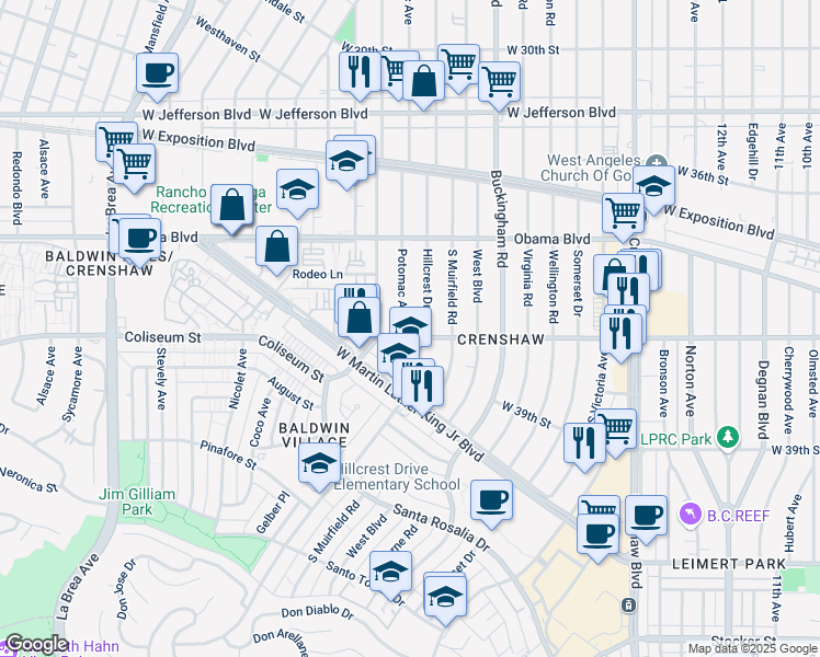 map of restaurants, bars, coffee shops, grocery stores, and more near 3750 Potomac Ave in Los Angeles