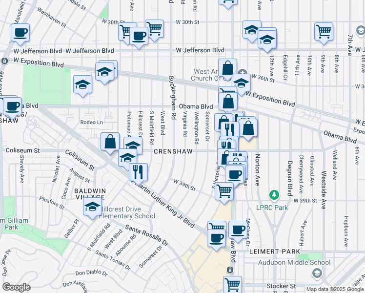 map of restaurants, bars, coffee shops, grocery stores, and more near 3749 Virginia Road in Los Angeles