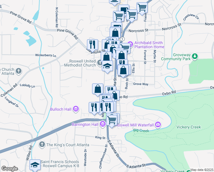 map of restaurants, bars, coffee shops, grocery stores, and more near 719 Mimosa Boulevard in Roswell
