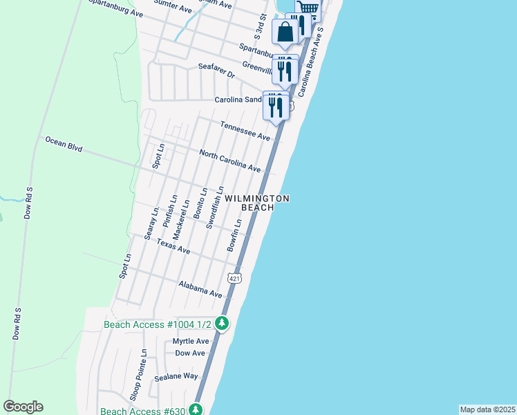 map of restaurants, bars, coffee shops, grocery stores, and more near 1403 Lake Park Boulevard South in Carolina Beach