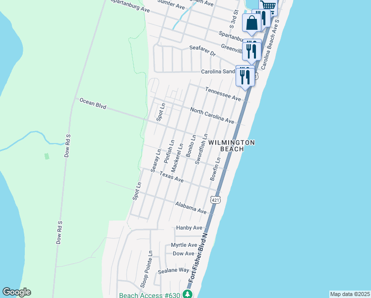 map of restaurants, bars, coffee shops, grocery stores, and more near 1416 Bonito Lane in Carolina Beach