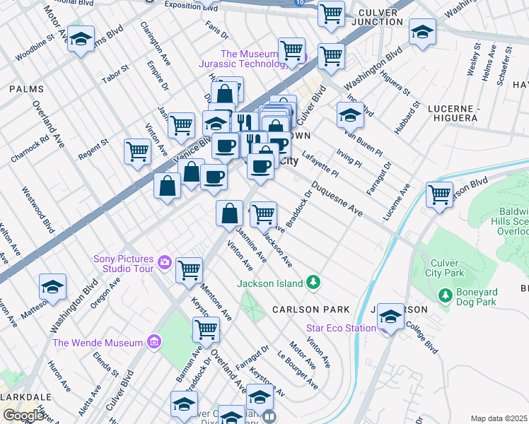 map of restaurants, bars, coffee shops, grocery stores, and more near 4036 La Salle Avenue in Culver City