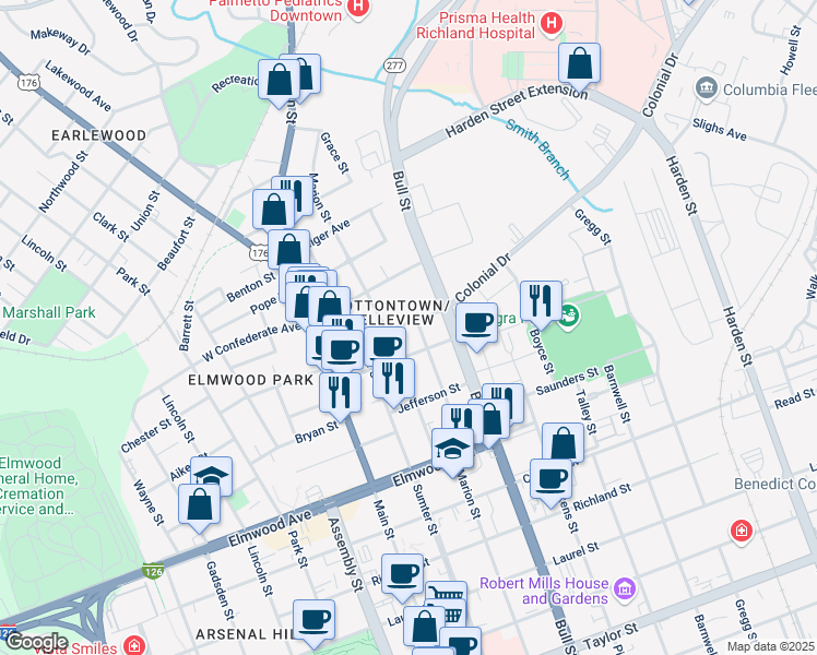 map of restaurants, bars, coffee shops, grocery stores, and more near 1408 Victoria Street in Columbia