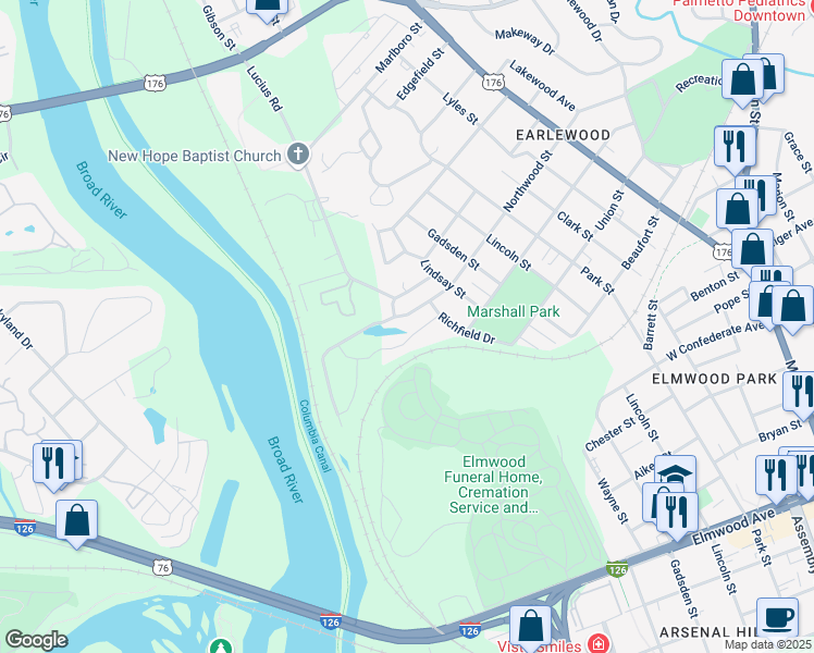 map of restaurants, bars, coffee shops, grocery stores, and more near 397 Canal Place Drive in Columbia