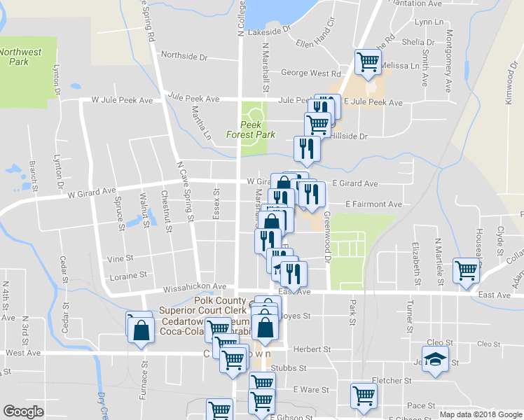 map of restaurants, bars, coffee shops, grocery stores, and more near 224 Marshall Street in Cedartown