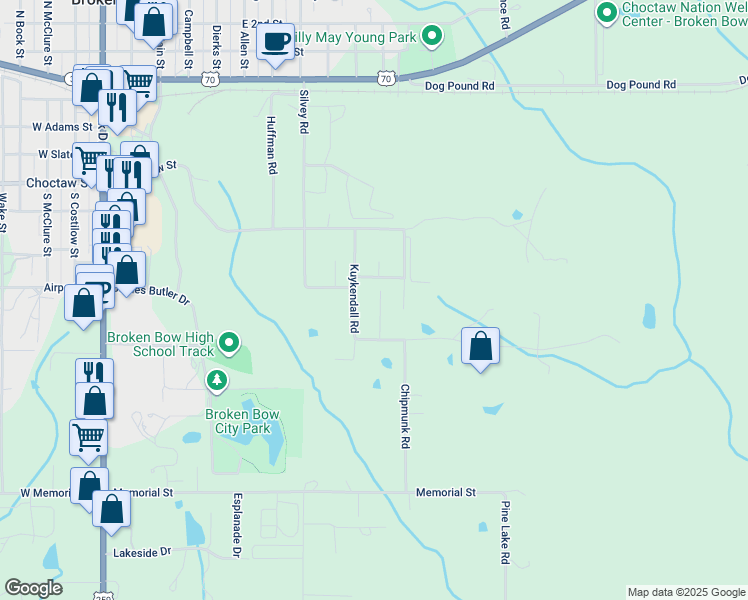 map of restaurants, bars, coffee shops, grocery stores, and more near 109 Burke Street in Broken Bow