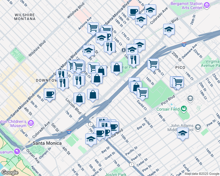 map of restaurants, bars, coffee shops, grocery stores, and more near 1030 Olympic Boulevard in Santa Monica