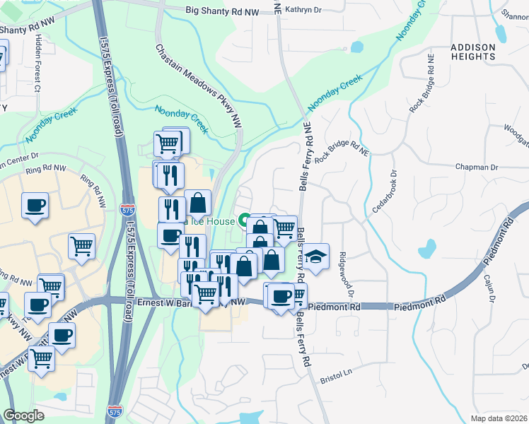 map of restaurants, bars, coffee shops, grocery stores, and more near 134 Vintage Club Circle in Marietta