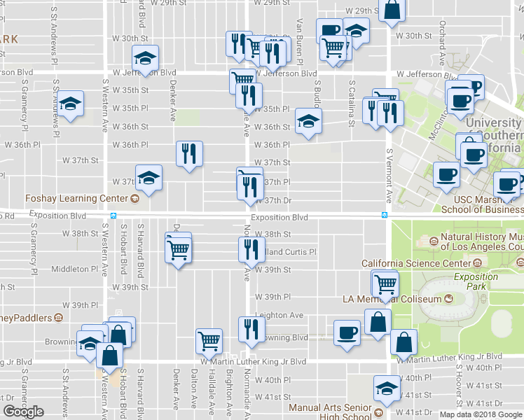 map of restaurants, bars, coffee shops, grocery stores, and more near 1261 West Exposition Boulevard in Los Angeles