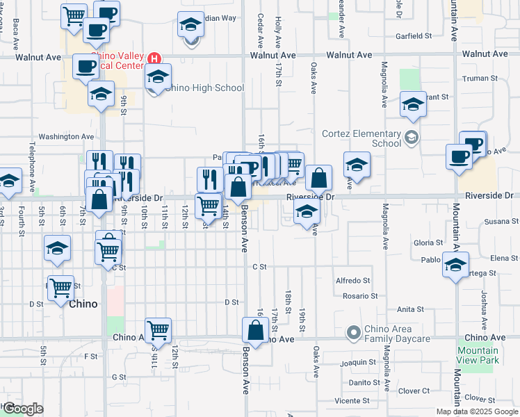 map of restaurants, bars, coffee shops, grocery stores, and more near 5775 Riverside Drive in Chino