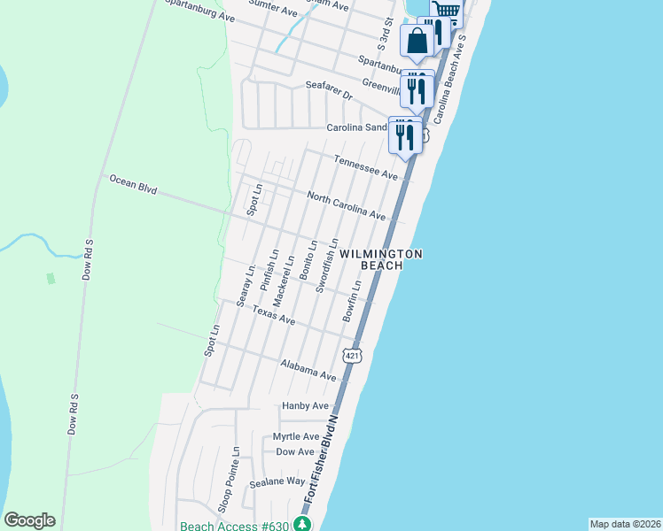 map of restaurants, bars, coffee shops, grocery stores, and more near 1409 Swordfish Ln in Carolina Beach