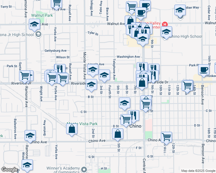map of restaurants, bars, coffee shops, grocery stores, and more near 12924 Fourth Street in Chino