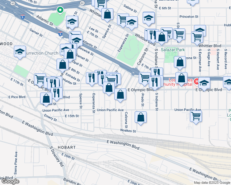 map of restaurants, bars, coffee shops, grocery stores, and more near 1201 Calada Street in Los Angeles