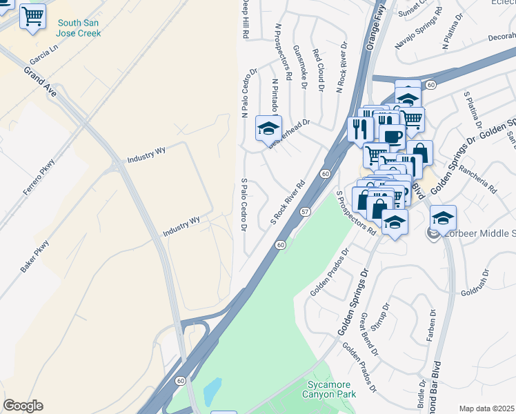 map of restaurants, bars, coffee shops, grocery stores, and more near 325 Eagle Nest Drive in Diamond Bar